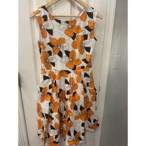 Yellow Star Orange Floral Fit & Flare Dress Sleeveless Cotton Blend pinup M